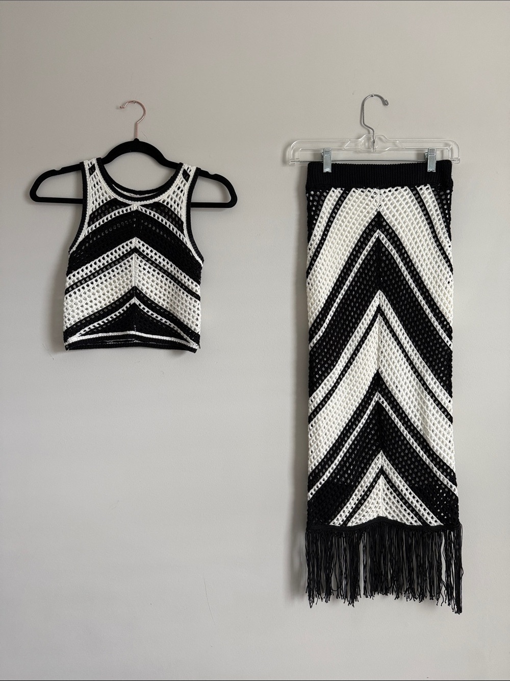 Crochet Swim Cover Crop Top Fringe Skirt Resortwear Matching Set Black/White